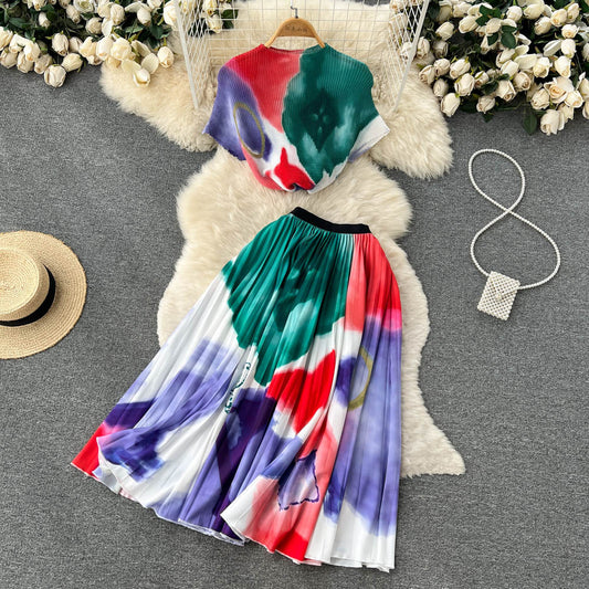 Two-piece Suit Summer Tie-dyed Short T-shirt High Waist Pleated Skirt