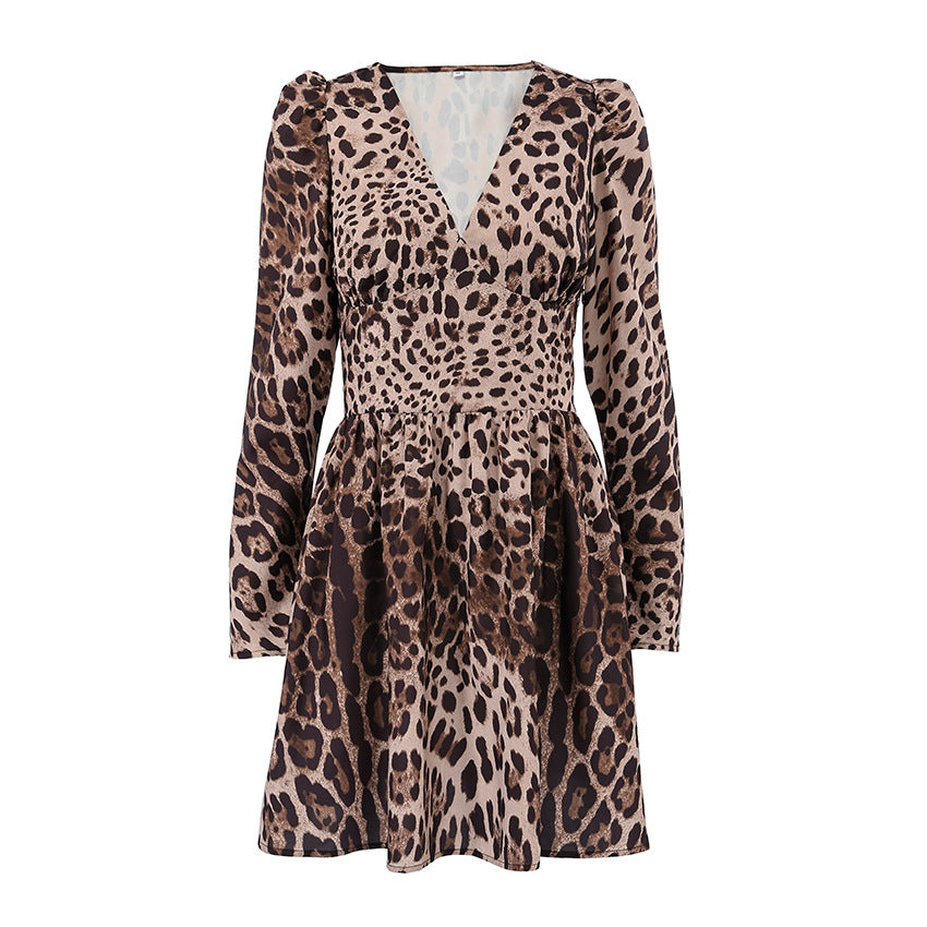 Leopard Print V-neck Slim Fit Dress Niche Long Sleeve Women