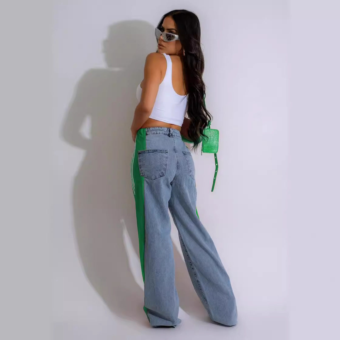 Fashion Stitching Wide Leg Denim Trousers Women's High Waist Stretchy Straight-leg Pants