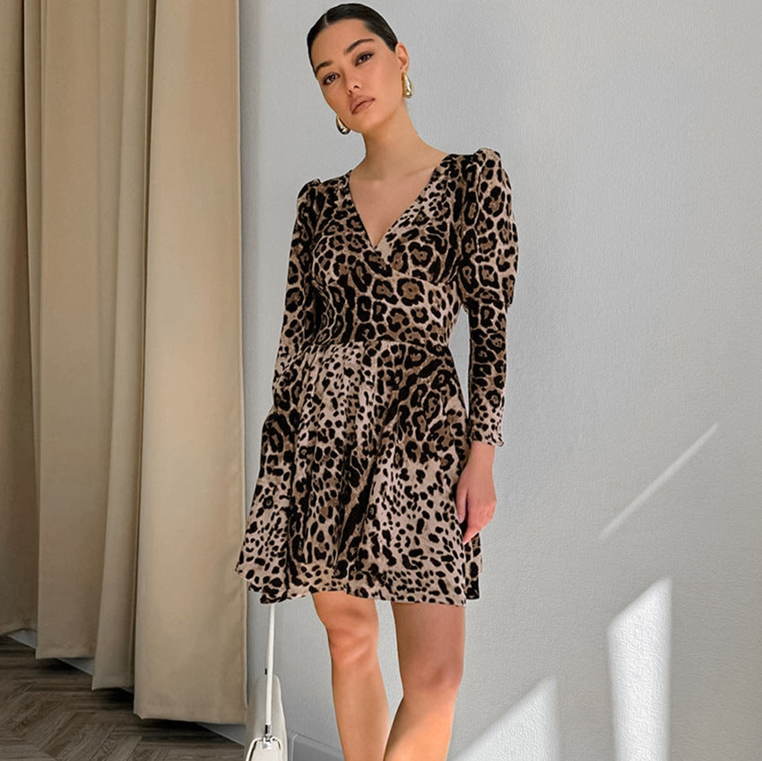 Leopard Print V-neck Slim Fit Dress Niche Long Sleeve Women