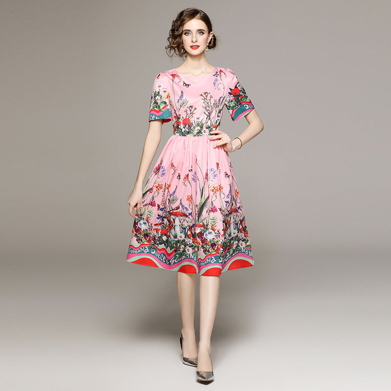 Floral Printed Short Sleeve Dress With Lining