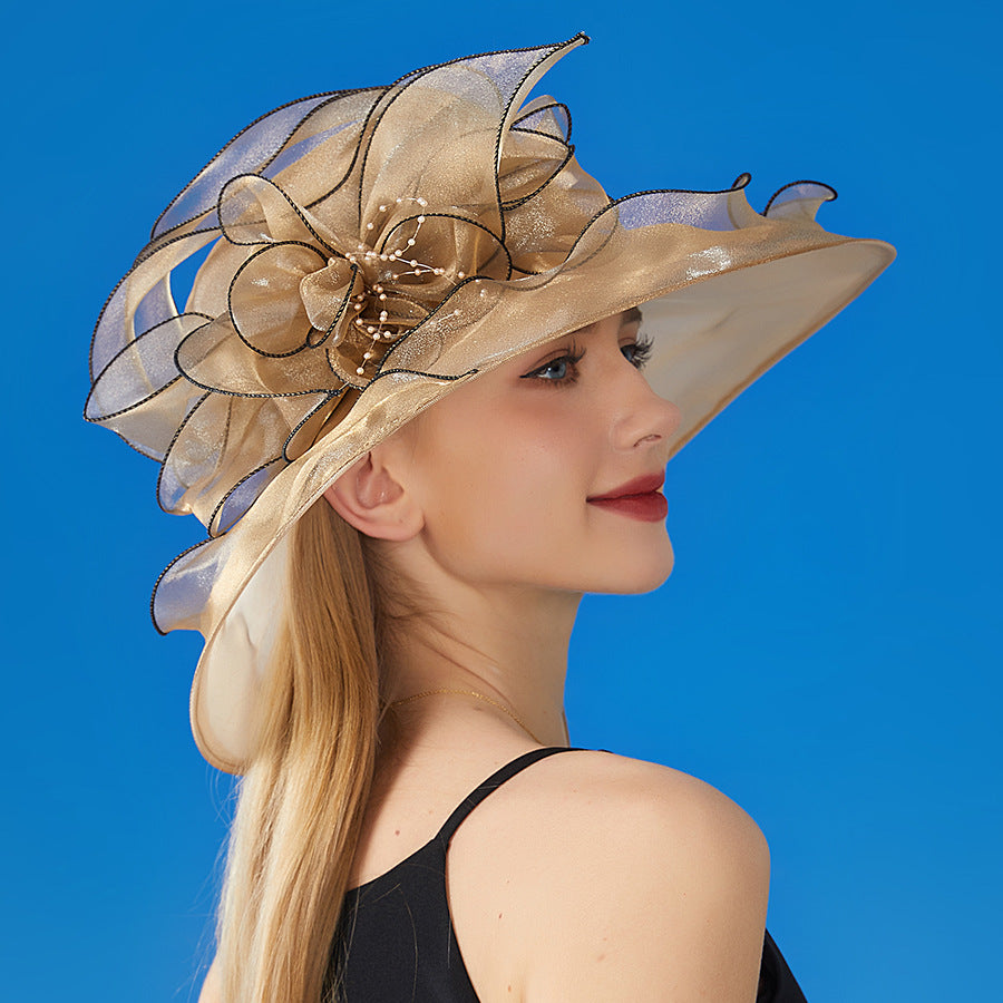 Sun Protection Hat Women's Organza Solid Color Large Flower Sun Hat British Lady Elegant Graceful