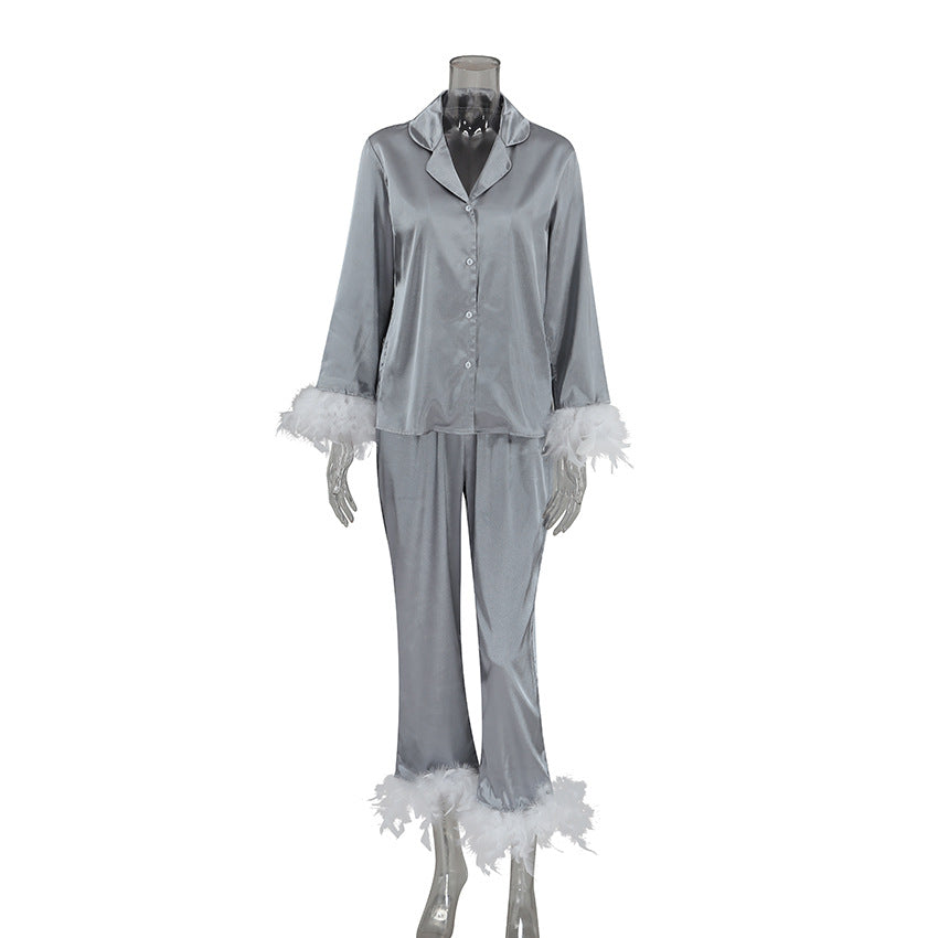 Ice Silk Pajamas Fashion Ostrich Feather Shirt Trousers Loose Two-piece Suit