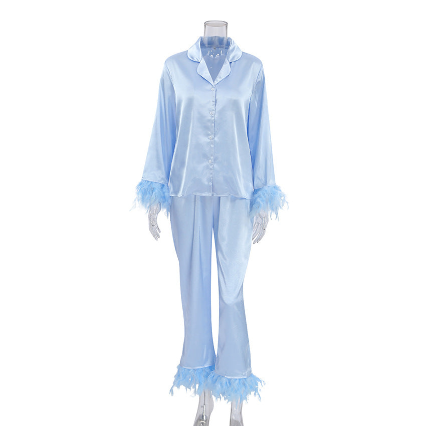 Ice Silk Pajamas Fashion Ostrich Feather Shirt Trousers Loose Two-piece Suit