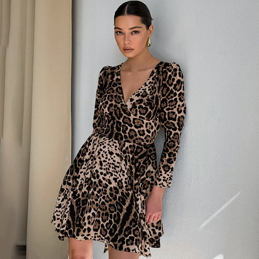 Leopard Print V-neck Slim Fit Dress Niche Long Sleeve Women