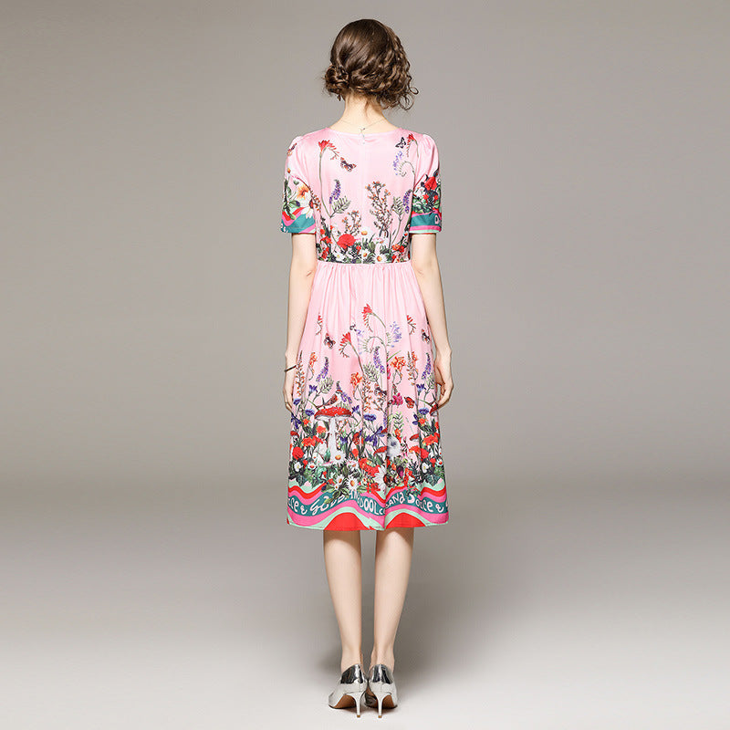 Floral Printed Short Sleeve Dress With Lining