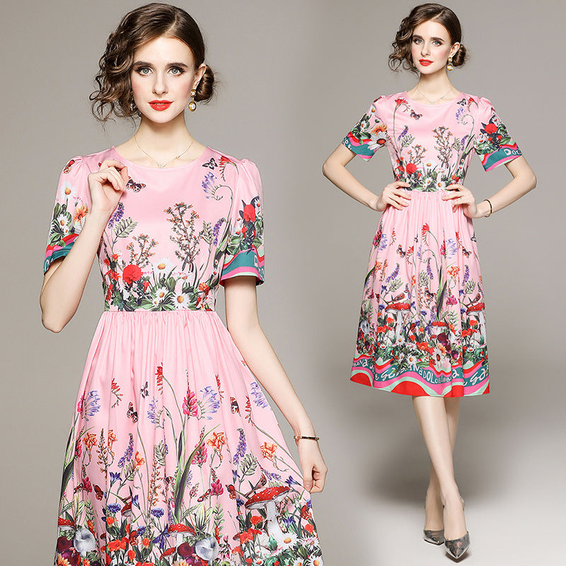 Floral Printed Short Sleeve Dress With Lining