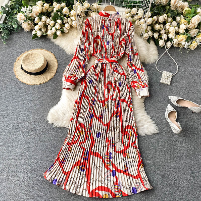 Retro Printing Pleated Long Dress