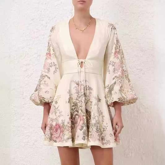 Vestido estampado con escote en V y mangas farol de primavera y verano