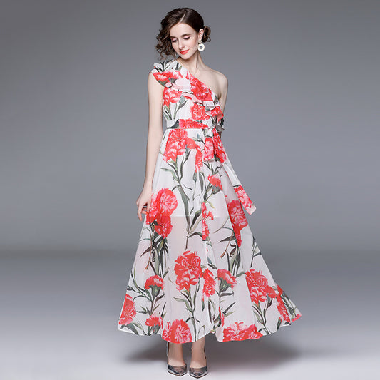 One-shoulder Ruffled Printed Long Elegant Dress