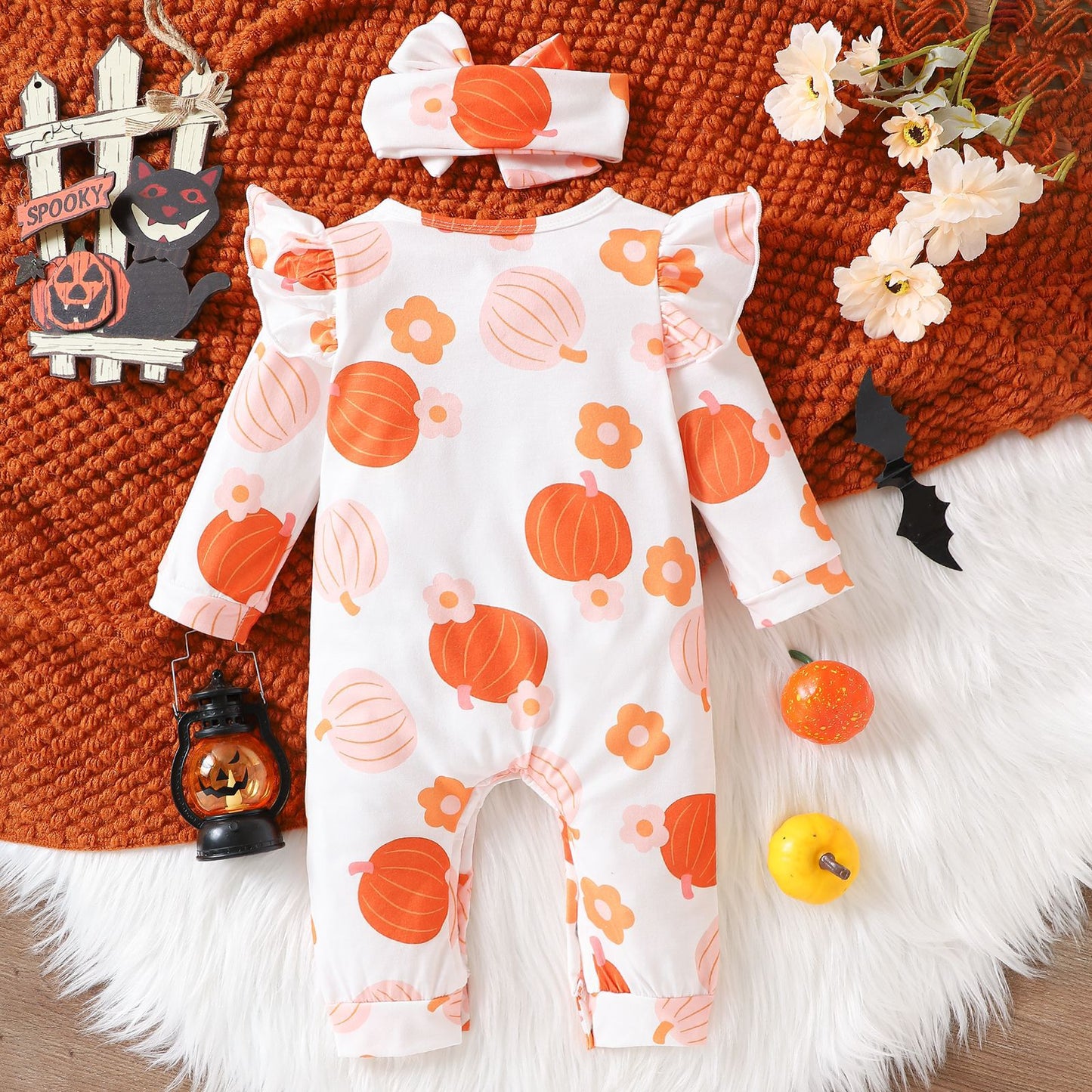 Girls' Cartoon Pumpkin Ruffled Flounced Sleeve Long-sleeved Trousers Crawling Suit Jumpsuit