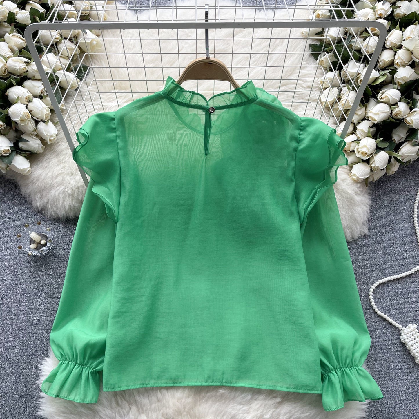 Sweet Ruffled Collar Pullover Puff Sleeve Chiffon Shirt