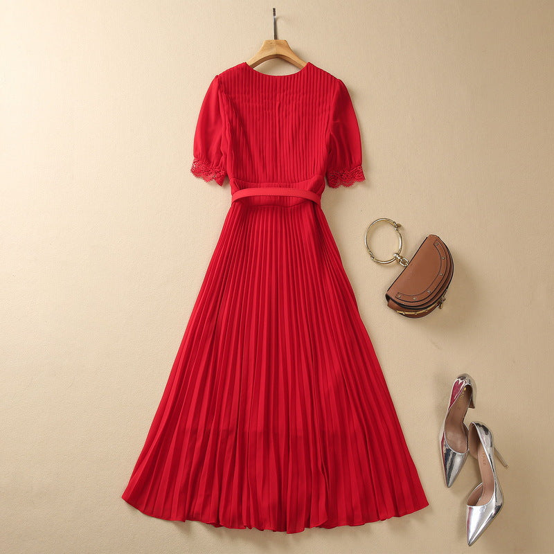 Pleated Lace V-neck High Waist Chiffon Dress