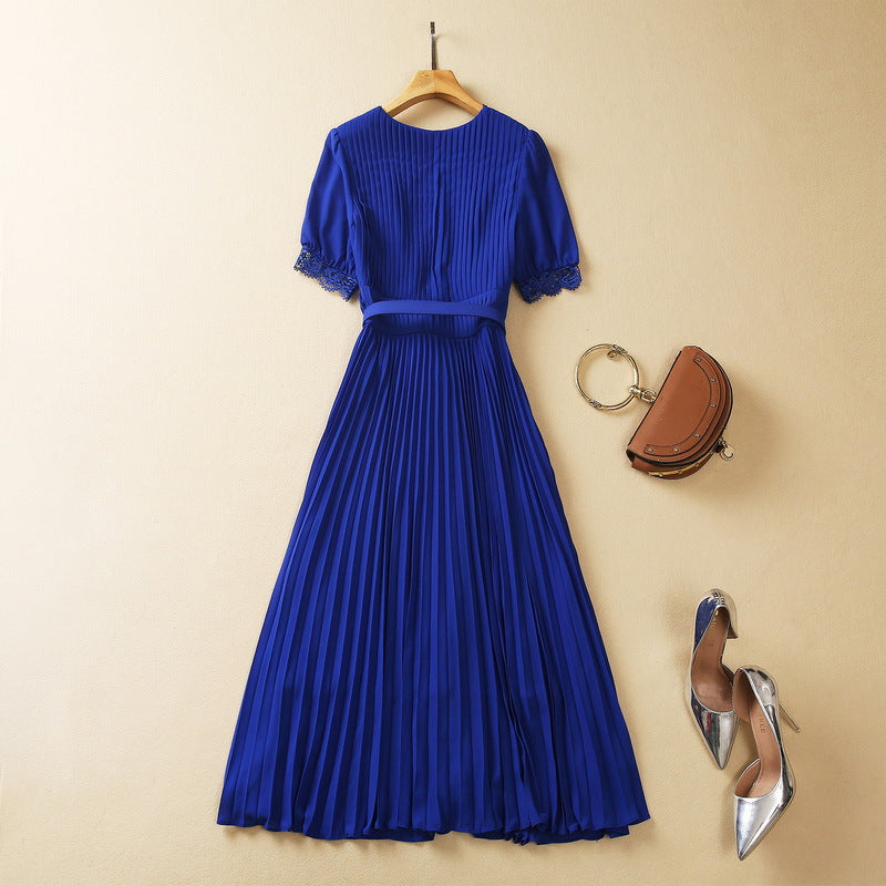 Pleated Lace V-neck High Waist Chiffon Dress