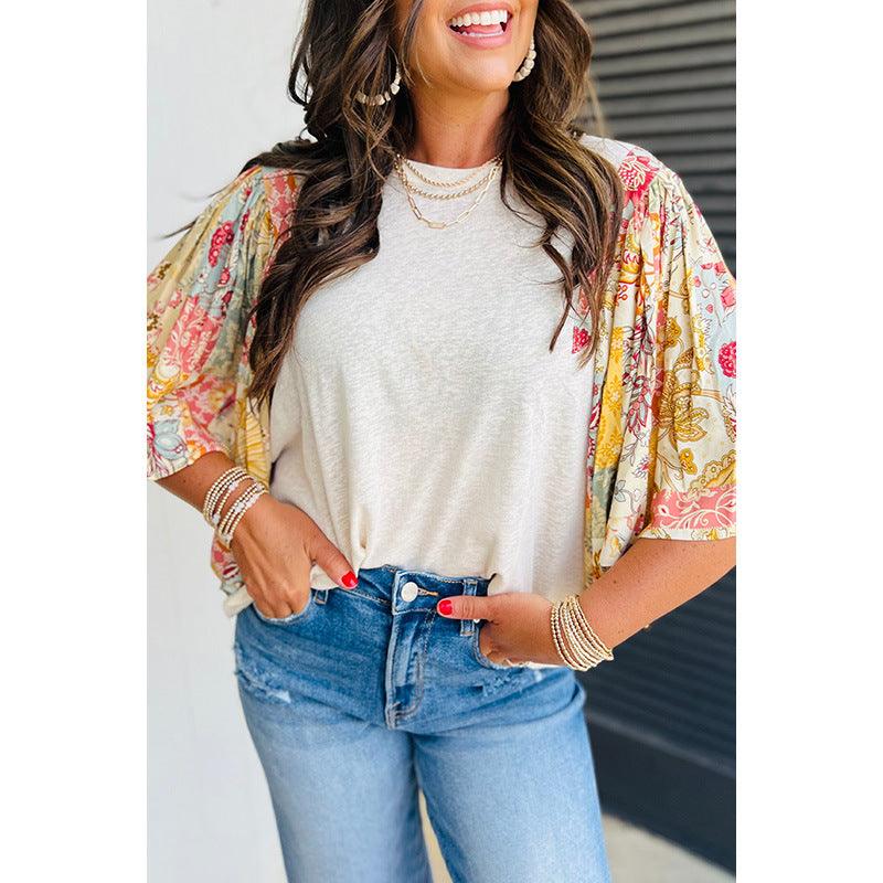 Pull col rond pour femme, chemise ample en mousseline imprimée