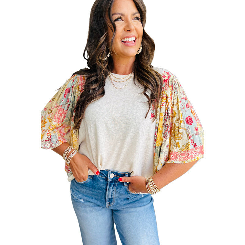 Pull col rond pour femme, chemise ample en mousseline imprimée