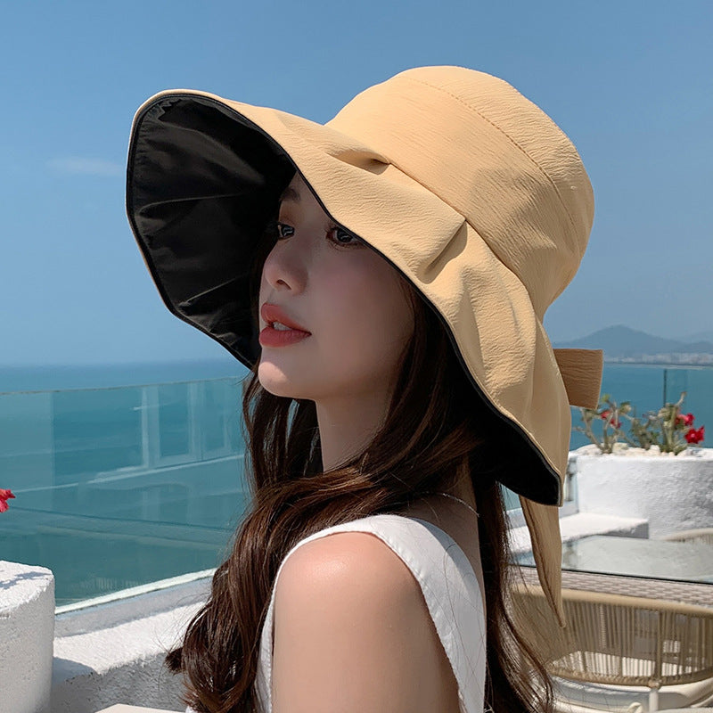 Bucket Hat Vinyl Sun Protective Wide Brim Hat Solid Color Wrinkle Bow Hat