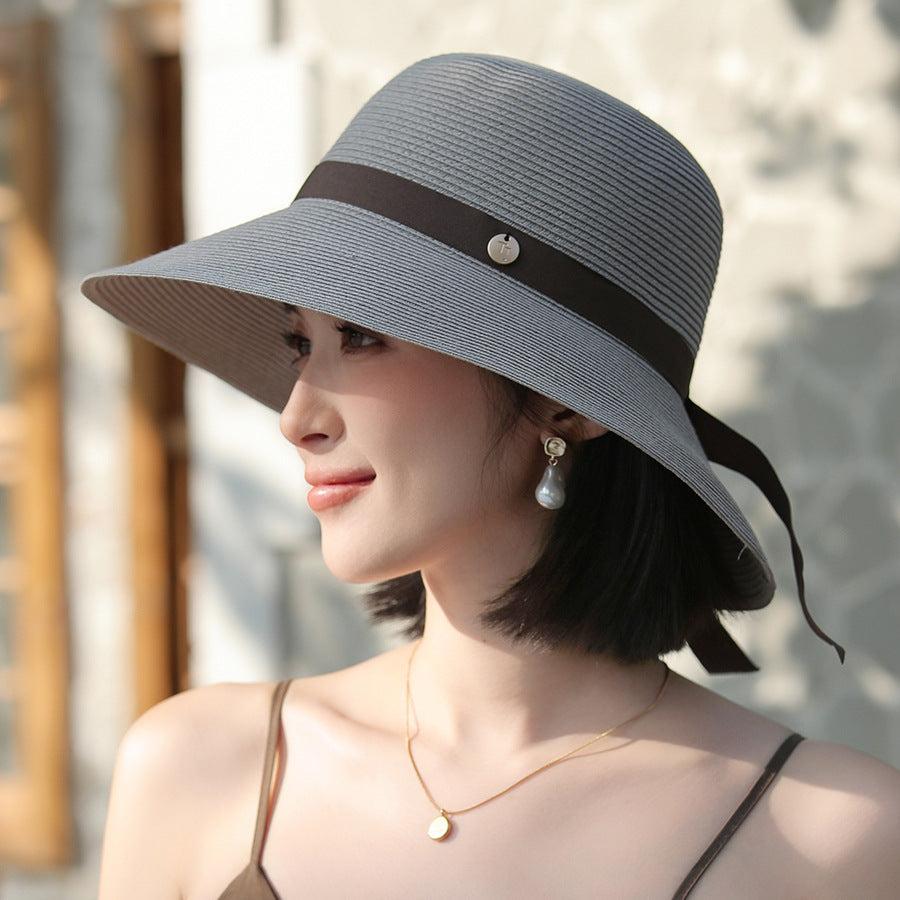 Encrypted Wide Brim Lace-up Sun-proof Straw Hat Elegant