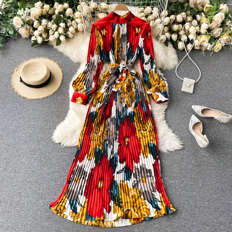 Retro Printing Pleated Long Dress