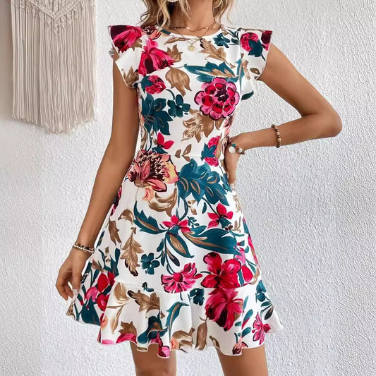 Flounced Sleeve Plant Flower Skirt Dress Women