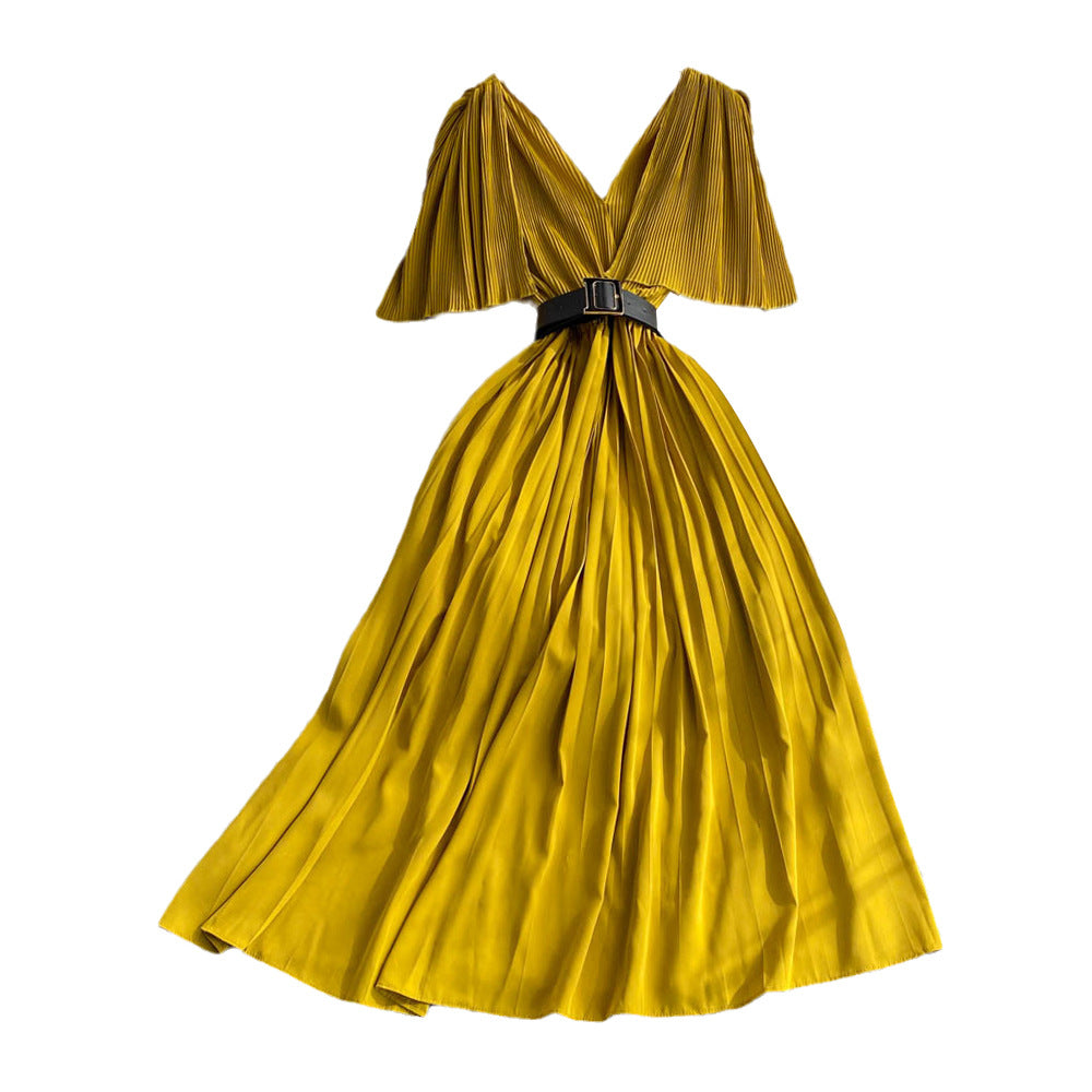 V-neck Flounce Waist Slimming A- Line Pleated Dress Elegant Swing Long Dress