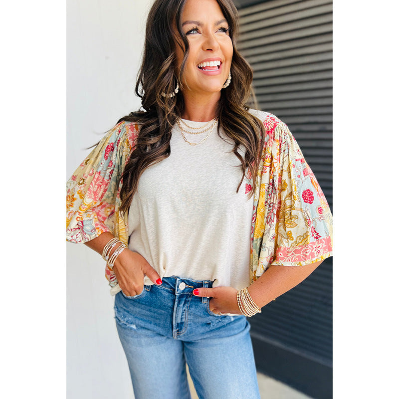 Pull col rond pour femme, chemise ample en mousseline imprimée