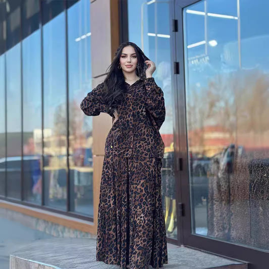 Leopard Print Hooded Long Sleeve Shirt Pleated Stitching Skirt Suit