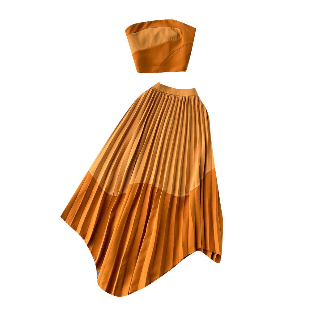 Contrast Color Tube Top Irregular Pleated Skirt