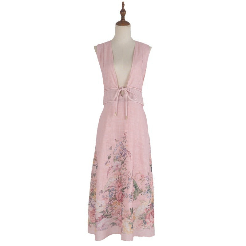 Deep Design V-neck Pink Positioning Printing Sleeveless Holiday Fashionable Cotton And Linen Dress