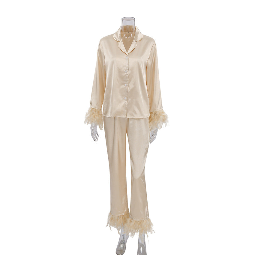 Ice Silk Pajamas Fashion Ostrich Feather Shirt Trousers Loose Two-piece Suit