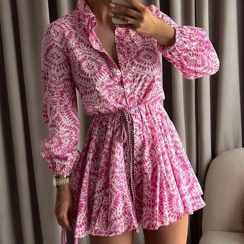 Vestido de manga larga con volantes estampado vintage para mujer