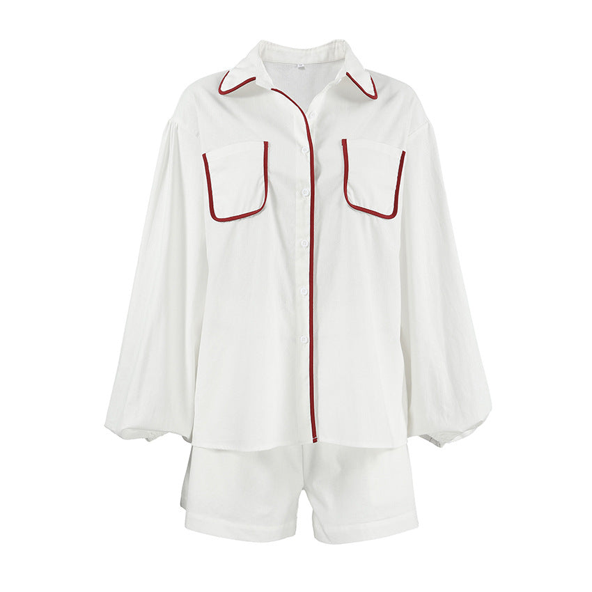 Women's Fashion White Cotton Design Contrast Color Shirt Shorts Suit