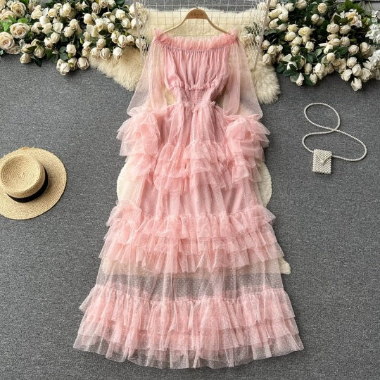 French Style High-grade Ruffled Mesh Cake Dress
