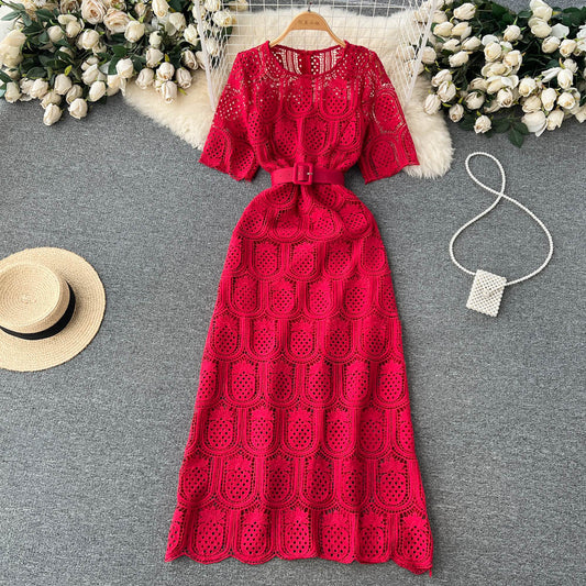 Round Neck Long Sleeve Lace Short Sleeve Crocheted Waist-slimming Long Dress