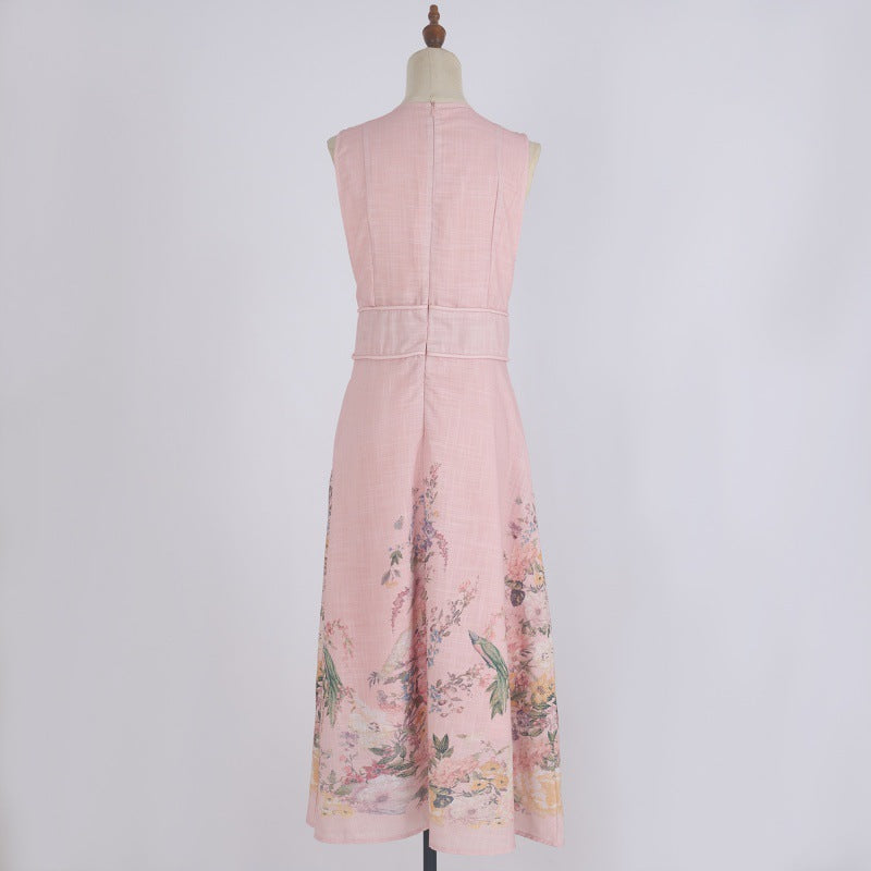 Deep Design V-neck Pink Positioning Printing Sleeveless Holiday Fashionable Cotton And Linen Dress