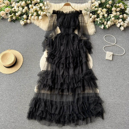 French Style High-grade Ruffled Mesh Cake Dress