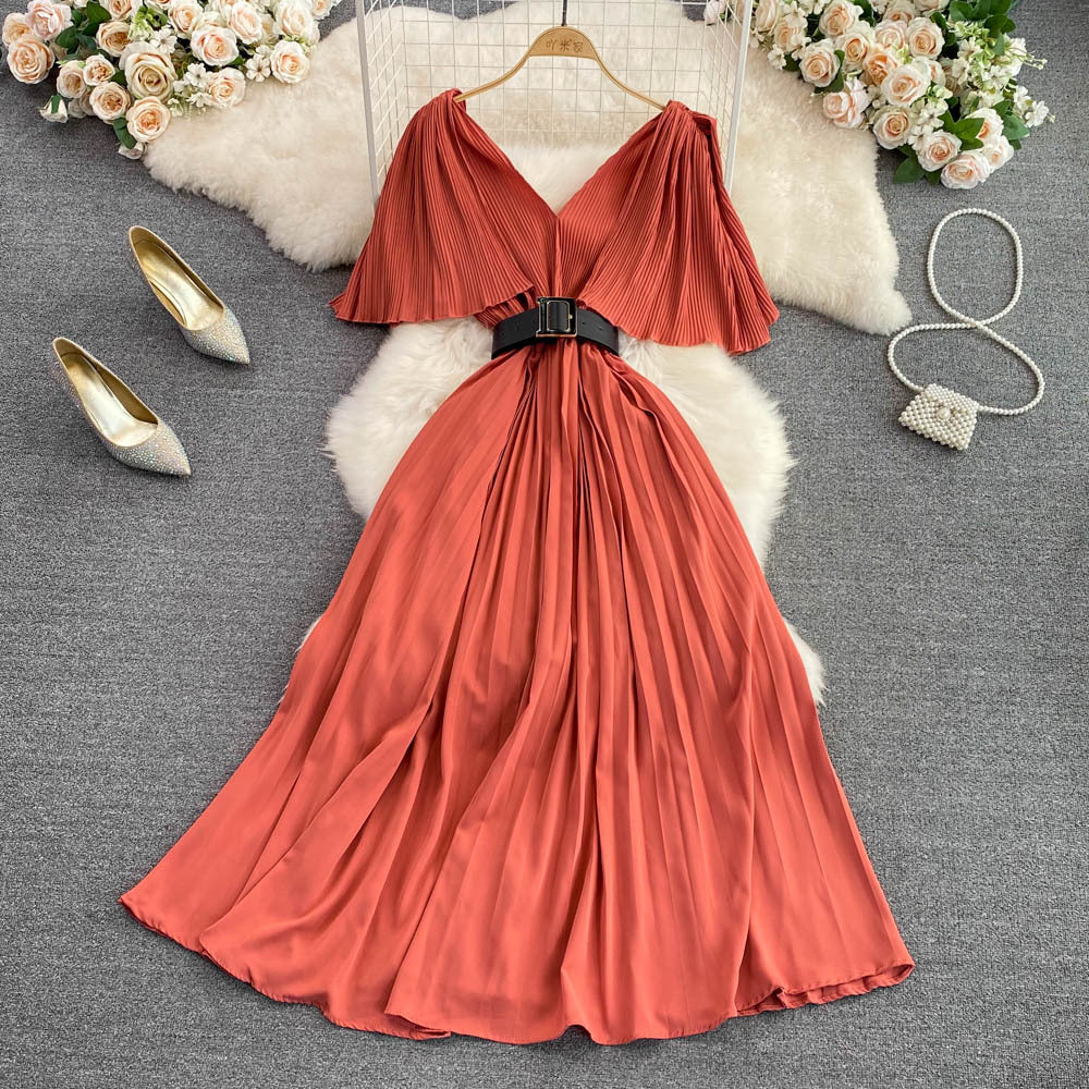 V-neck Flounce Waist Slimming A- Line Pleated Dress Elegant Swing Long Dress