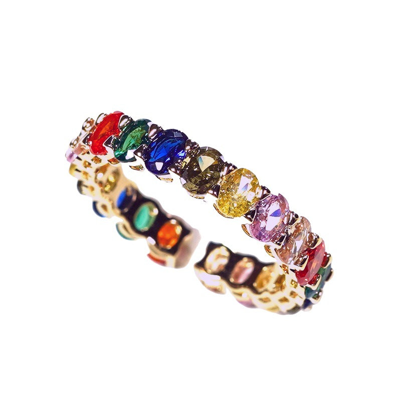 Rainbow Gang Drill Gold Oval Shiny Ring Female Fashion