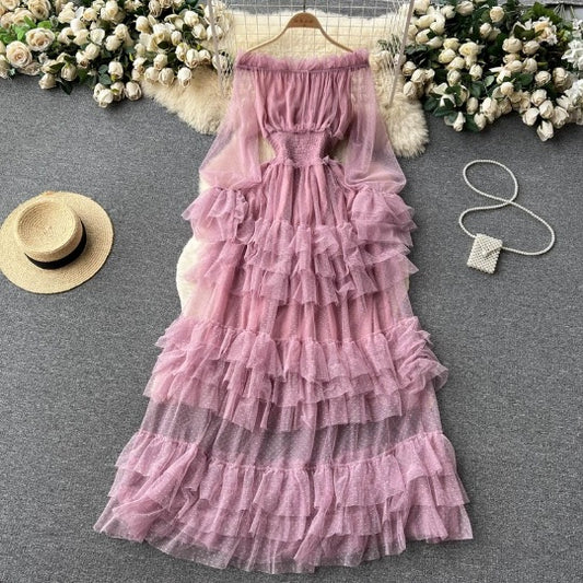 Vestido estilo francés de malla con volantes de alta calidad