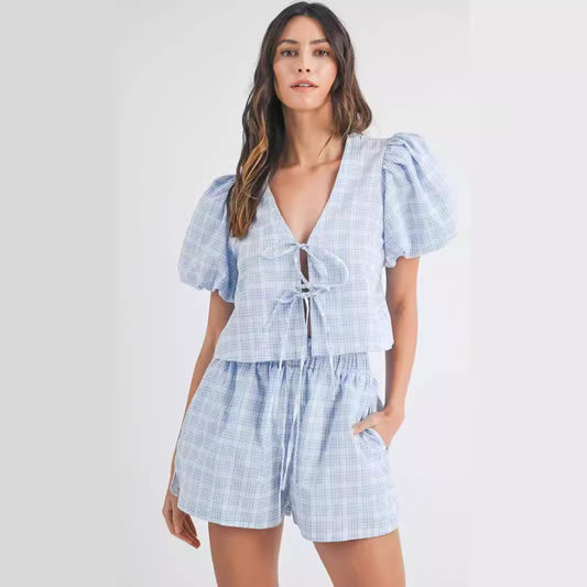 V-neck Lace-up Bow Puff Sleeve Top Casual Shorts Plaid Two-piece Set