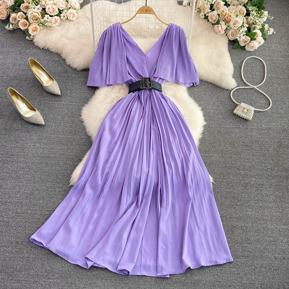 V-neck Flounce Waist Slimming A- Line Pleated Dress Elegant Swing Long Dress