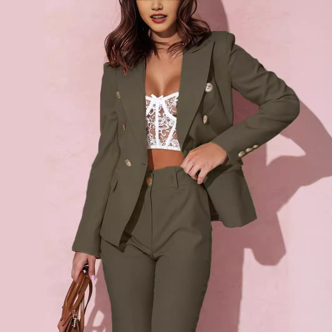 Women's Long-sleeved Double-breasted Stand-up Collar Suit