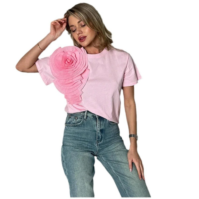 Camiseta de Mujer Elegante Cuello Redondo Flor 3D