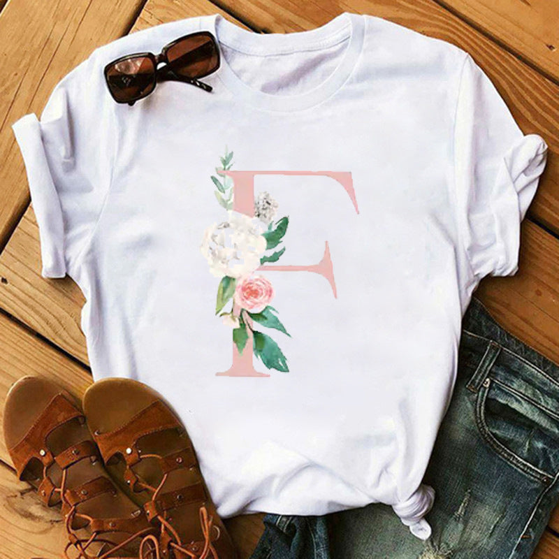 Camiseta informal con estampado de flores y letras INS26 para mujer