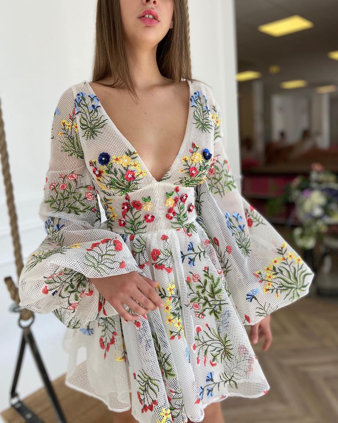 Embroidered Cute Lantern Sleeve Dress