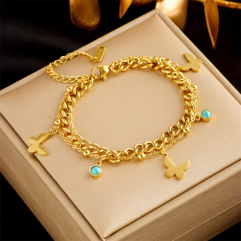 Stainless Steel Gold Plated Punk Fashion Double Layer Bracelet For Women Girl Luxury Jewelry