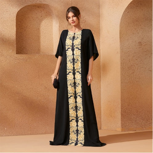 Gold Printed Black Dress With Mid-length Sleeves