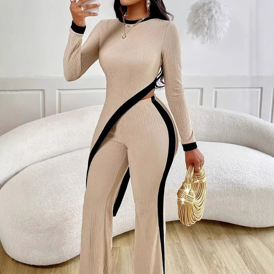 Women's Fashion Long Sleeve Side Slit T-shirt Trousers Suit