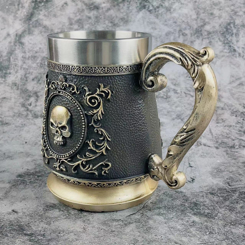 Copa de vino de gran capacidad de acero inoxidable con forma de calavera dorada vintage