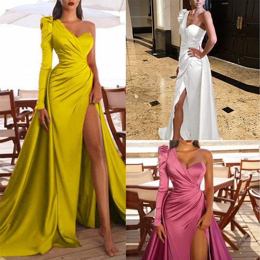 Long-sleeved Satin Dress With Long Slits And One-shoulder Tail